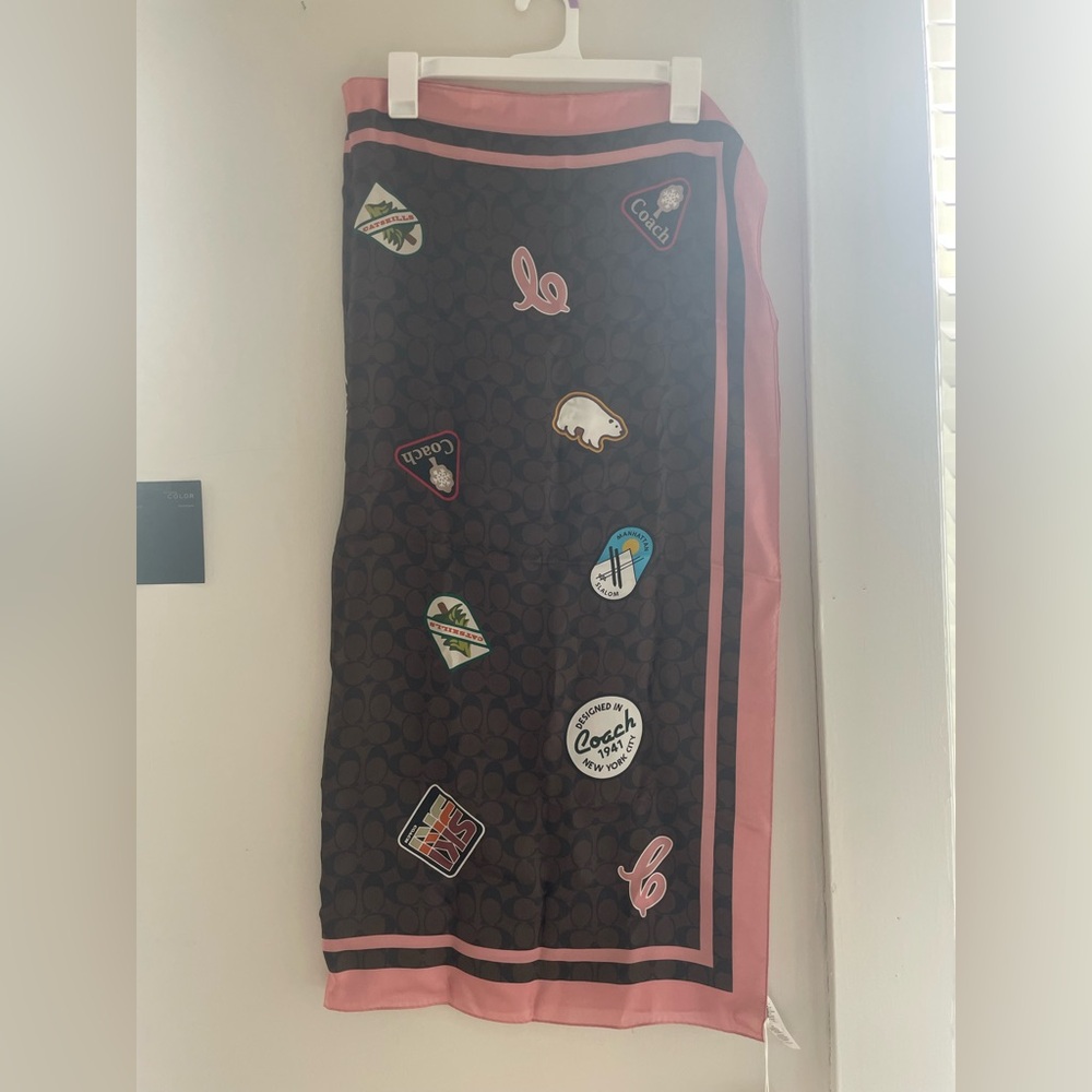 Coach Brown and Pink Signature Ski Patch Silk Scarf - Picture 5 of 8